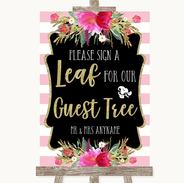 Gold & Pink Stripes Guest Tree Leaf Personalized Wedding Sign