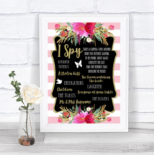 Gold & Pink Stripes I Spy Disposable Camera Personalized Wedding Sign