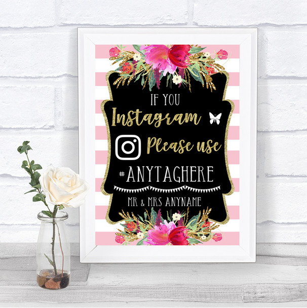 Gold & Pink Stripes Instagram Hashtag Personalized Wedding Sign