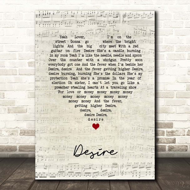 U2 Desire Script Heart Song Lyric Print