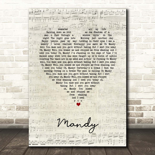 Barry Manilow Mandy Script Heart Song Lyric Print