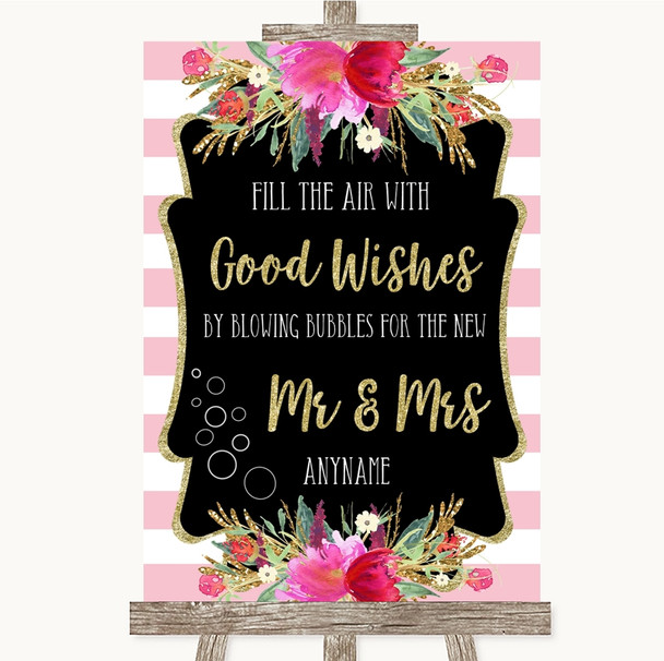 Gold & Pink Stripes Blow Bubbles Personalized Wedding Sign