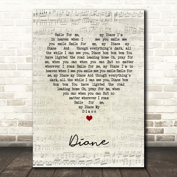 The Bachelors Diane Script Heart Song Lyric Print