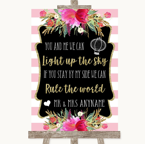 Gold & Pink Stripes Light Up The Sky Rule The World Personalized Wedding Sign