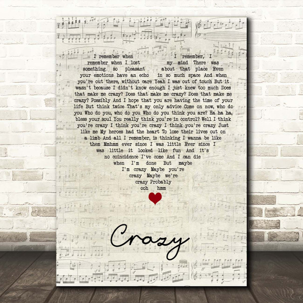 Gnarls Barkley Crazy Script Heart Song Lyric Print