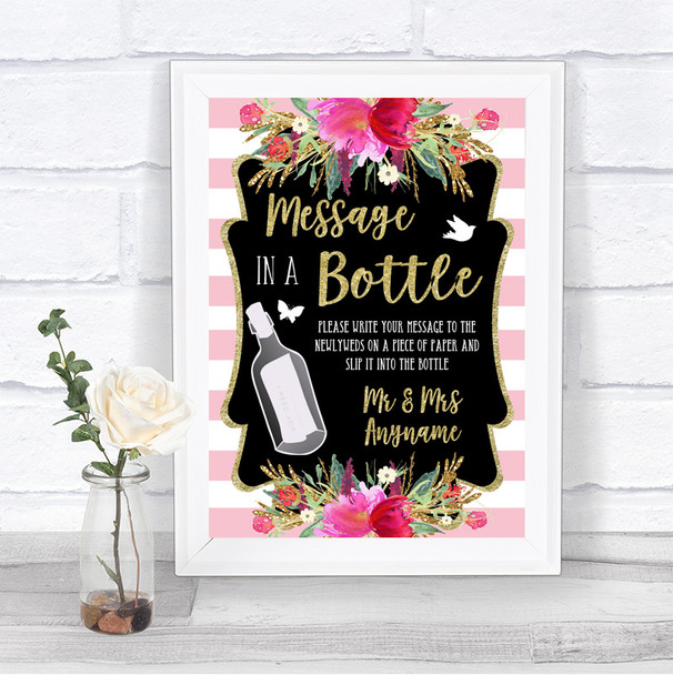 Gold & Pink Stripes Message In A Bottle Personalized Wedding Sign