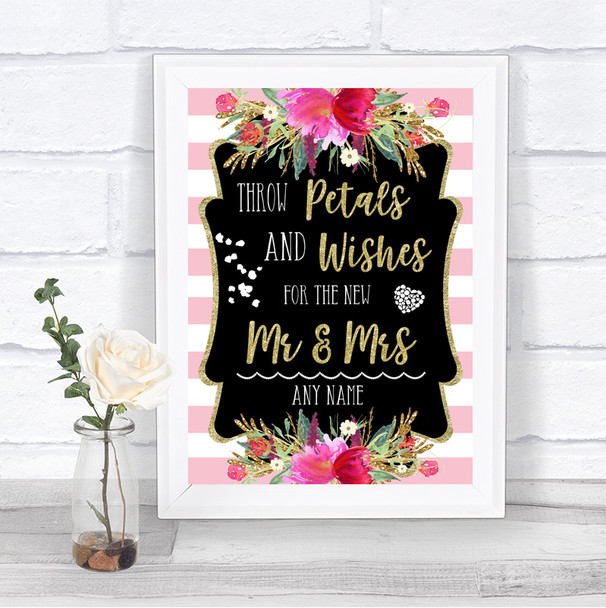 Gold & Pink Stripes Petals Wishes Confetti Personalized Wedding Sign