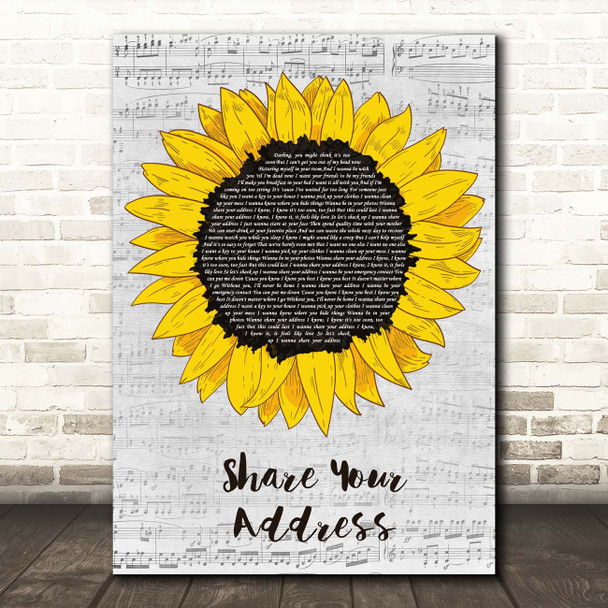 Ben Platt Share Your Address Grey Script Sunflower Song Lyric Print