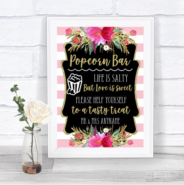 Gold & Pink Stripes Popcorn Bar Personalized Wedding Sign