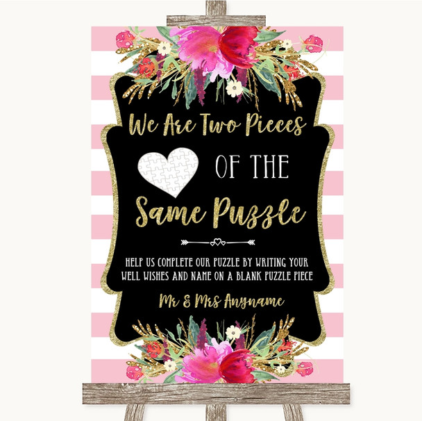 Gold & Pink Stripes Puzzle Piece Guest Book Personalized Wedding Sign