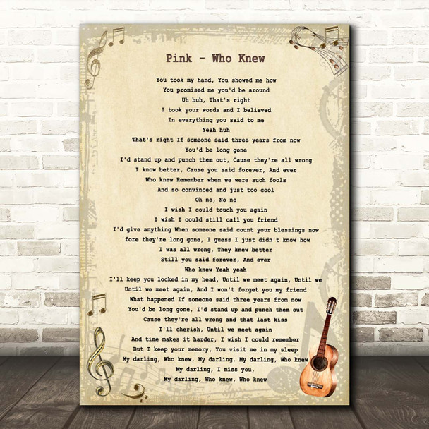 Pink Who Knew Vintage Guitar Song Lyric Print