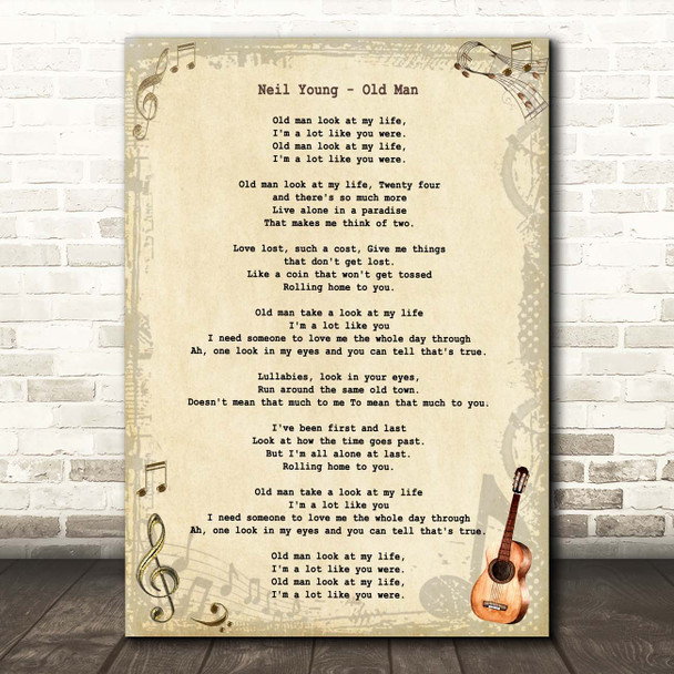 Neil Young Old Man Vintage Guitar Song Lyric Print