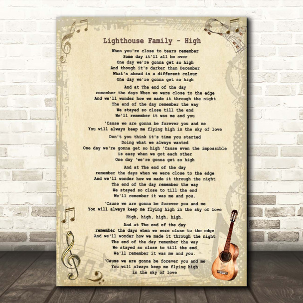 Lighthouse Family high Vintage Guitar Song Lyric Print