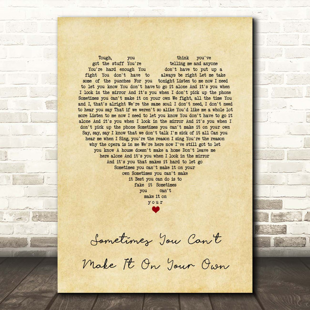 U2 Sometimes You Can't Make It On Your Own Vintage Heart Song Lyric Print