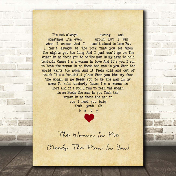 Shania Twain The Woman In Me (Needs The Man In You) Vintage Heart Song Lyric Print