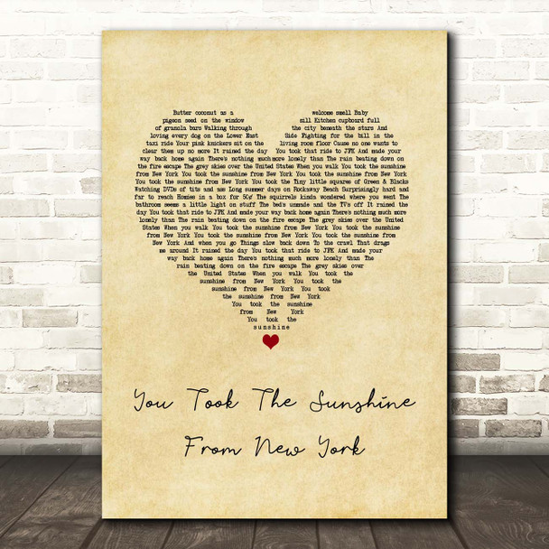 The Wildhearts You Took The Sunshine From New York Vintage Heart Song Lyric Print