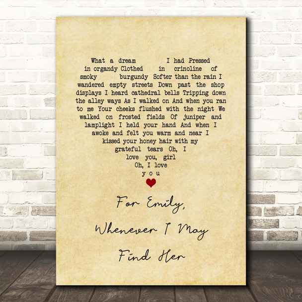 Simon & Garfunkel For Emily, Whenever I May Find Her Vintage Heart Song Lyric Print