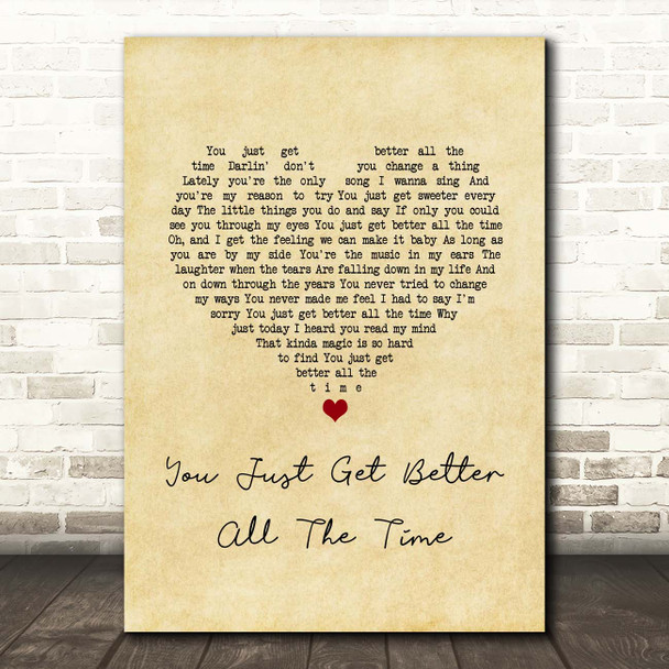 Tim McGraw You Just Get Better All The Time Vintage Heart Song Lyric Print