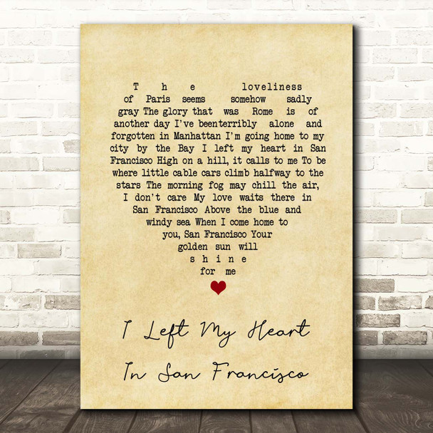 Tony Bennett I Left My Heart In San Francisco Vintage Heart Song Lyric Print