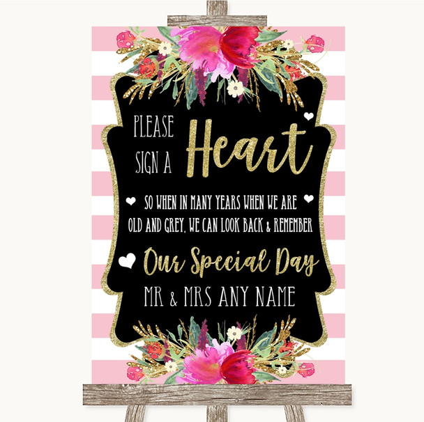 Gold & Pink Stripes Sign a Heart Personalized Wedding Sign