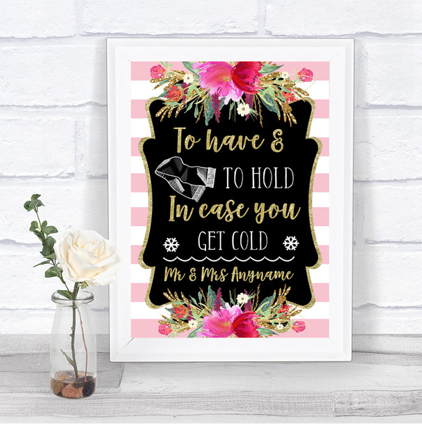 Gold & Pink Stripes Wedding Blanket Scarf Personalized Wedding Sign