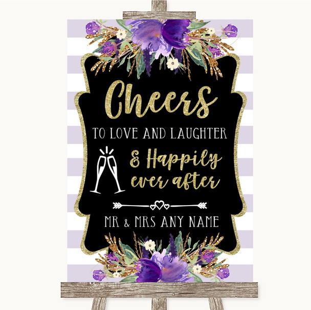 Gold & Purple Stripes Cheers To Love Personalized Wedding Sign