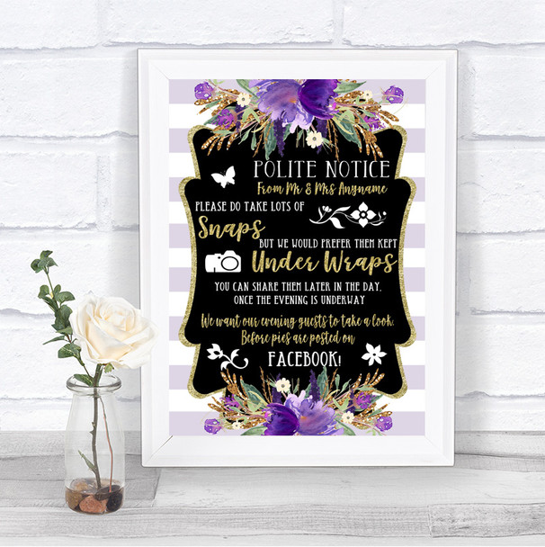 Gold & Purple Stripes Don't Post Photos Facebook Personalized Wedding Sign