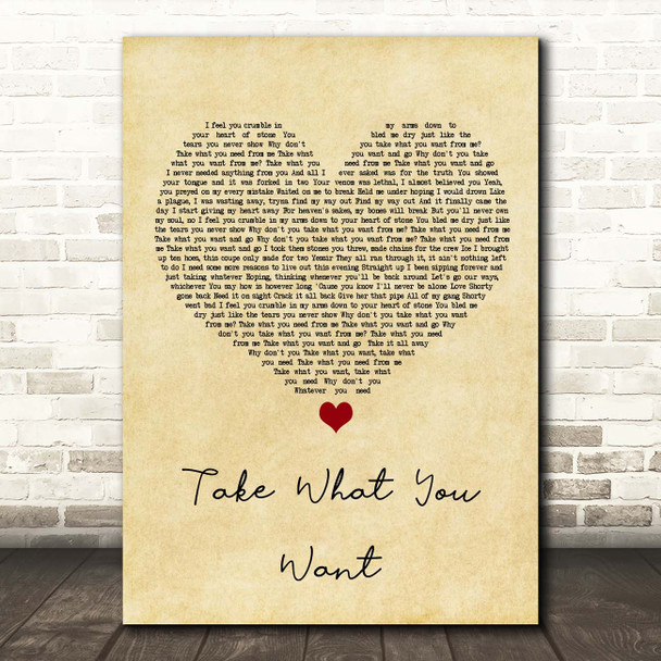 Post Malone Take What You Want Vintage Heart Song Lyric Print