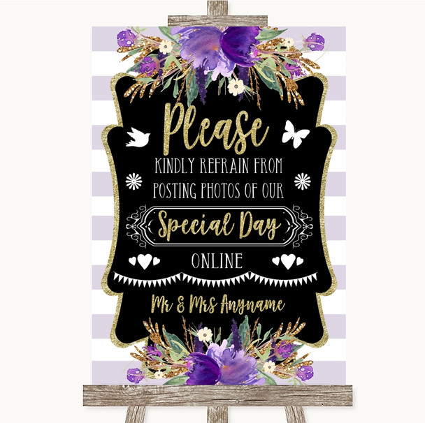 Gold & Purple Stripes Don't Post Photos Online Social Media Wedding Sign