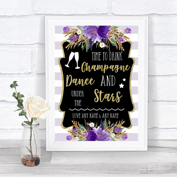 Gold & Purple Stripes Drink Champagne Dance Stars Personalized Wedding Sign