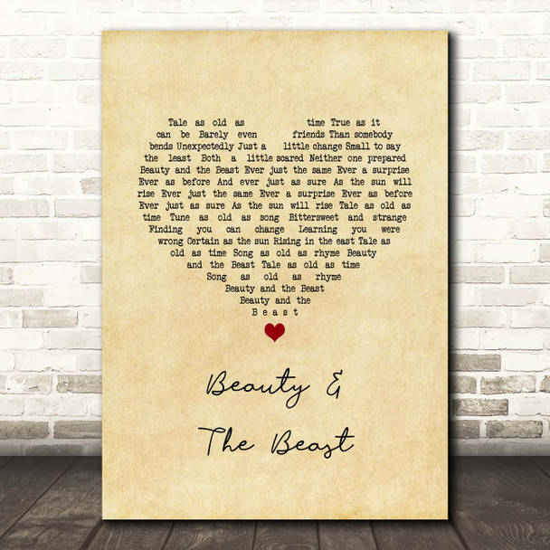 Celine Dion, Peabo Bryson Beauty & The Beast Vintage Heart Song Lyric Print