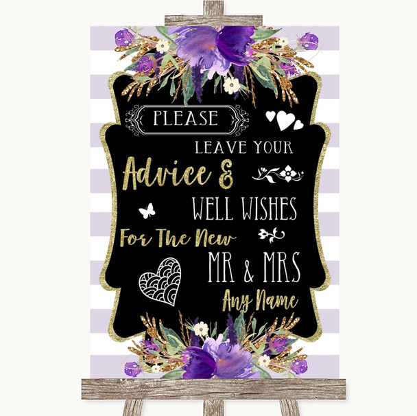 Gold & Purple Stripes Guestbook Advice & Wishes Mr & Mrs Wedding Sign