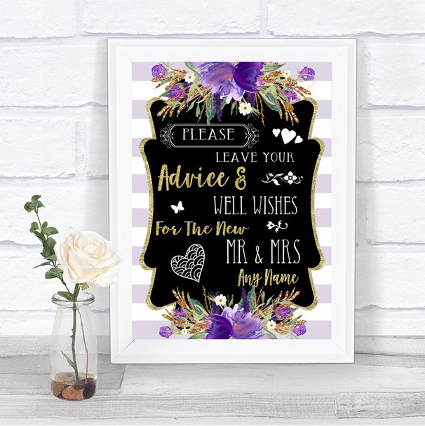 Gold & Purple Stripes Guestbook Advice & Wishes Mr & Mrs Wedding Sign