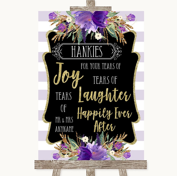 Gold & Purple Stripes Hankies And Tissues Personalized Wedding Sign