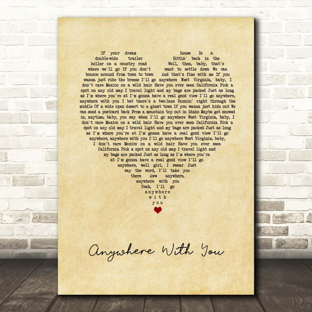 Jake Owen Anywhere With You Vintage Heart Song Lyric Print