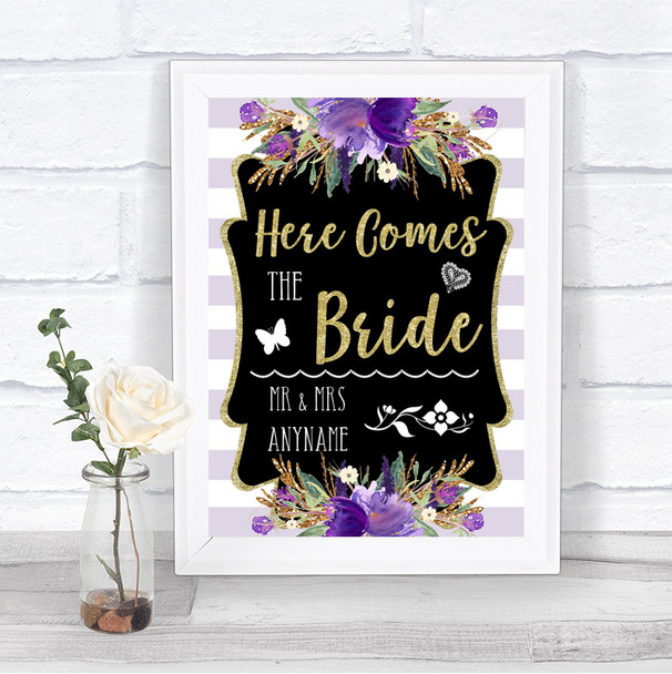 Gold & Purple Stripes Here Comes Bride Aisle Personalized Wedding Sign