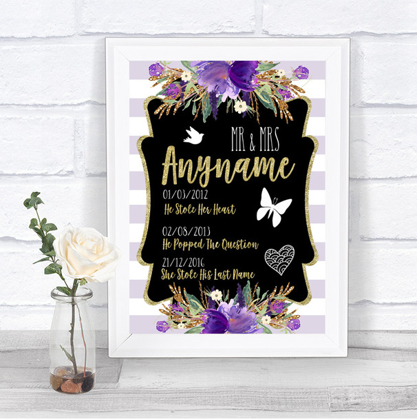 Gold & Purple Stripes Important Special Dates Personalized Wedding Sign