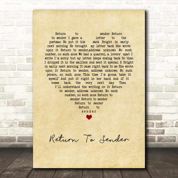 Elvis Presley Return To Sender Vintage Heart Song Lyric Print