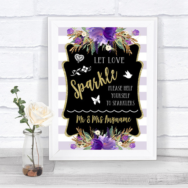 Gold & Purple Stripes Let Love Sparkle Sparkler Send Off Wedding Sign