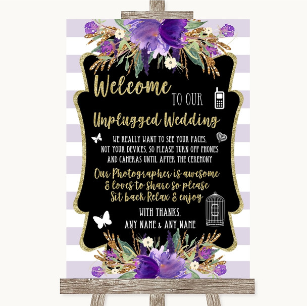 Gold & Purple Stripes No Phone Camera Unplugged Personalized Wedding Sign