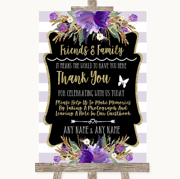 Gold & Purple Stripes Photo Guestbook Friends & Family Personalized Wedding Sign
