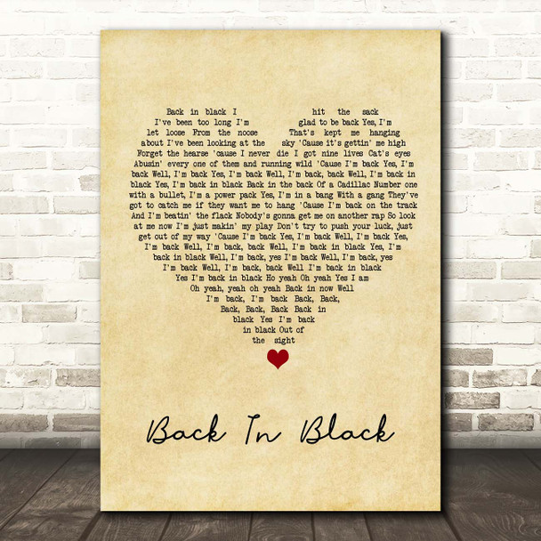 ACDC Back In Black Vintage Heart Song Lyric Print