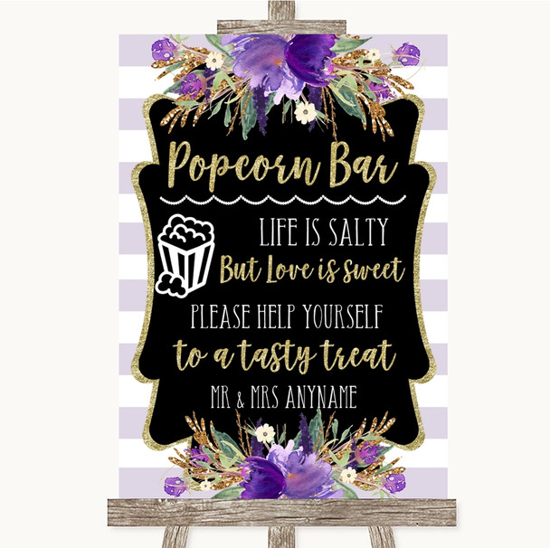 Gold & Purple Stripes Popcorn Bar Personalized Wedding Sign