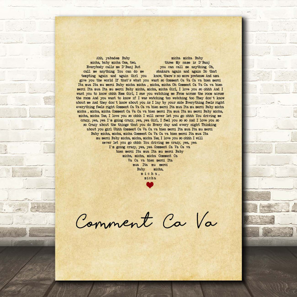 D'Banj & The Fedz Comment Ca Va Vintage Heart Song Lyric Print