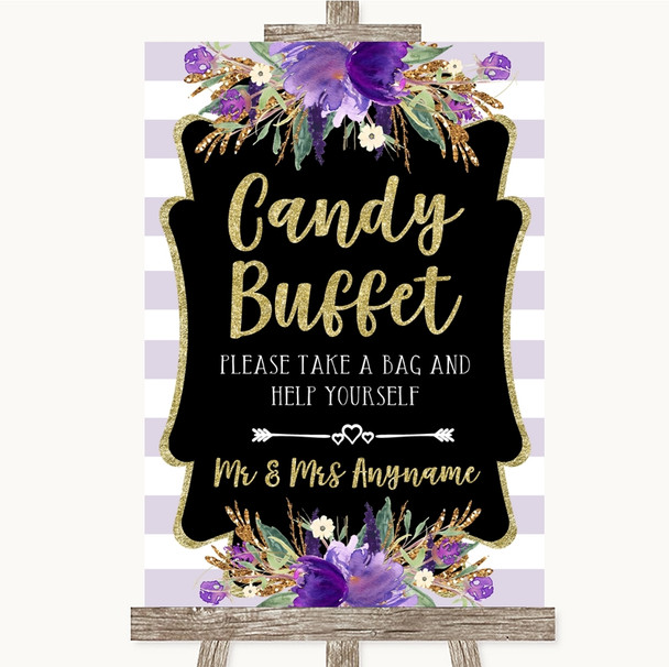 Gold & Purple Stripes Candy Buffet Personalized Wedding Sign