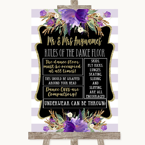 Gold & Purple Stripes Rules Of The Dance Floor Personalized Wedding Sign