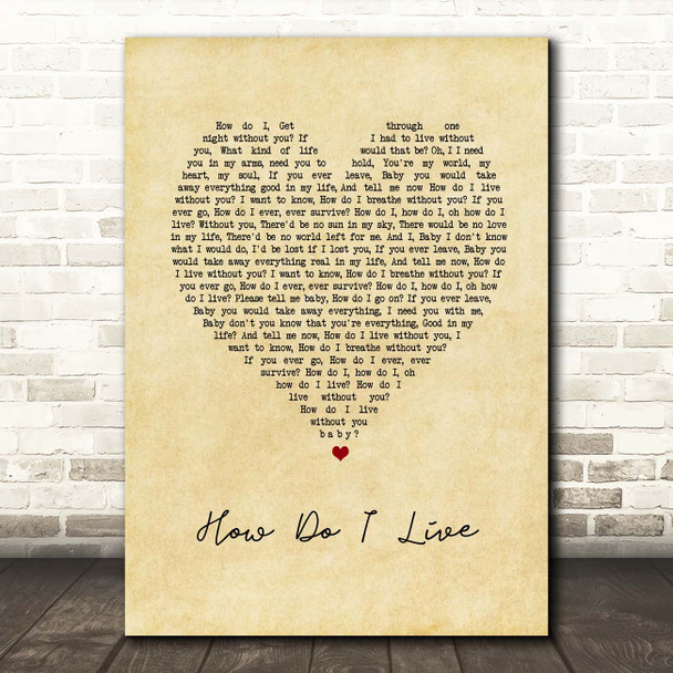 LeAnn Rimes How Do I Live Vintage Heart Song Lyric Print
