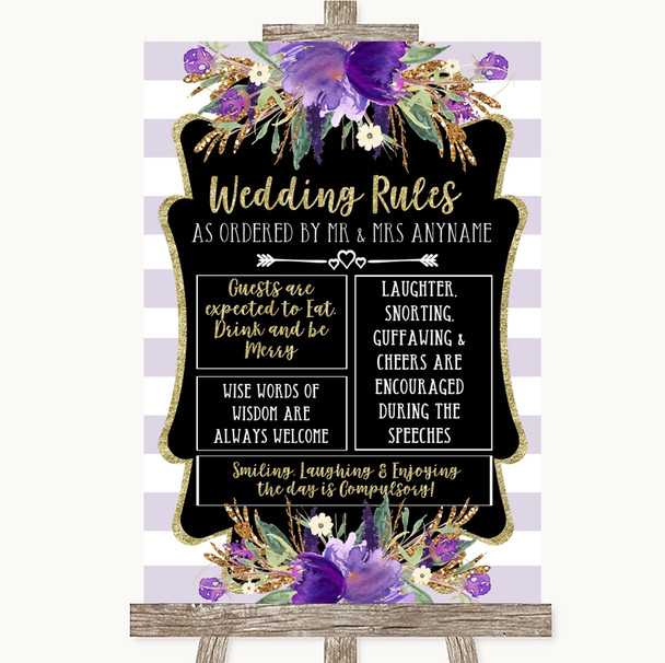 Gold & Purple Stripes Rules Of The Wedding Personalized Wedding Sign