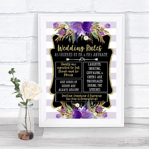 Gold & Purple Stripes Rules Of The Wedding Personalized Wedding Sign