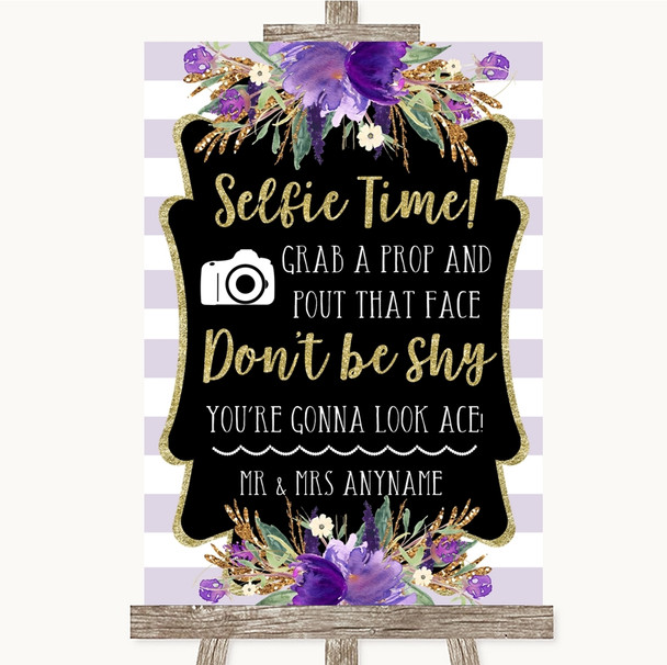 Gold & Purple Stripes Selfie Photo Prop Personalized Wedding Sign